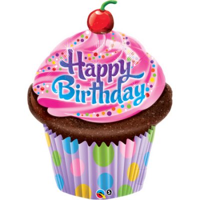 Happy Birthday Frosted Cupcake Minishape Foil Balloon Q32935 - I - Inflated, On Cup & Stick