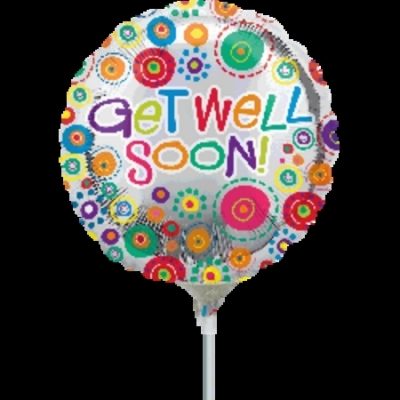 Get Well Soon Happy Dots 4 inch (10 cm) Foil Balloon ANA24539 - I - Inflated, On Cup & Stick