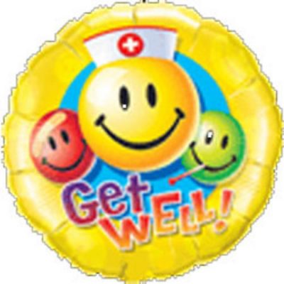 Get Well! Smiley Face 9 inch (23cm) Foil Balloon Q31127 - I - Inflated, On Cup & Stick