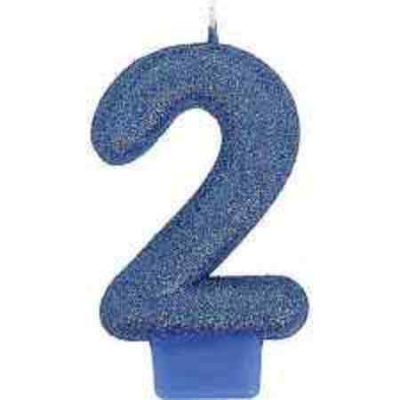 Number 2 Blue Glitter Molded Candle AM170180