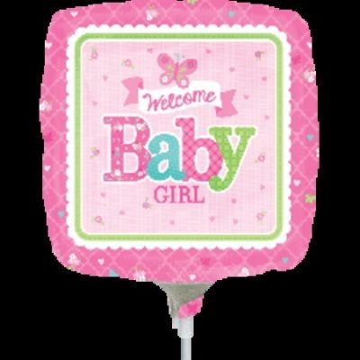 Welcome Baby Girl Butterfly 9 inch (23cm) Foil Balloon ANA30890 - I - Inflated, On Cup & Stick