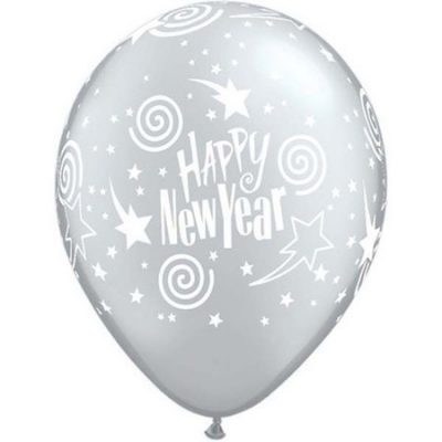 New Year's Swirling Stars Silver Latex Balloons Q40569