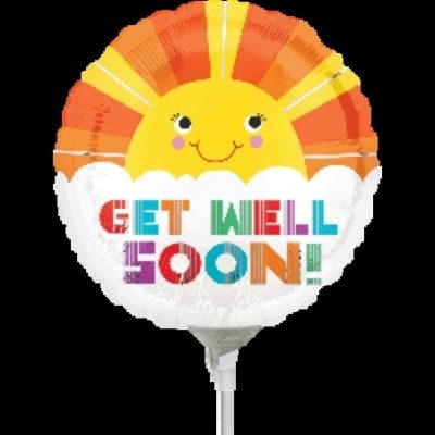 Get Well Soon Smiley Sunshine 9 inch (23cm) Foil Balloon ANA28835 - I - Inflated, On Cup & Stick
