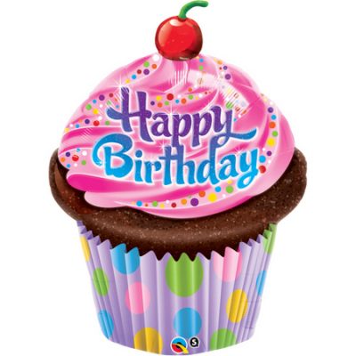 Happy Birthday Frosted Cupcake Minishape Foil Balloon Q32935 - F - Uninflated, Heat Sealer Required