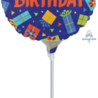 Colourful Birthday Presents 9 inch (23 cm) Foil Balloon ANA35581 - I - Inflated, On Cup & Stick