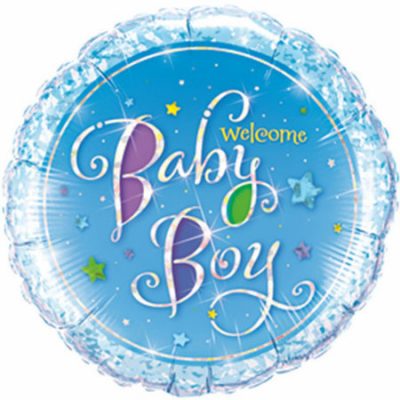 Welcome Baby Boy Stars Holographic 9 inch (23cm) Foil Balloon Q41941 - I - Inflated, On Cup & Stick