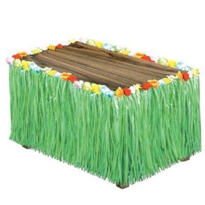 Green Artificial Grass Flowered Table Skirting BE50492-G