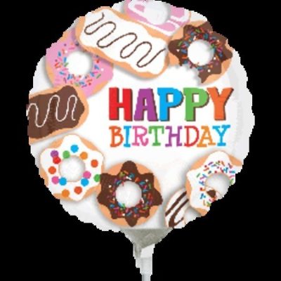 Donuts Happy Birthday 9 inch (23cm) Foil Balloon ANA30872 - I - Inflated, On Cup & Stick