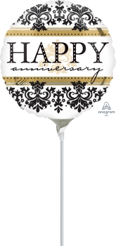Happy Anniversary Damask 4 inch (10 cm) Foil Balloon ANA22125 - I - Inflated, On Cup & Stick