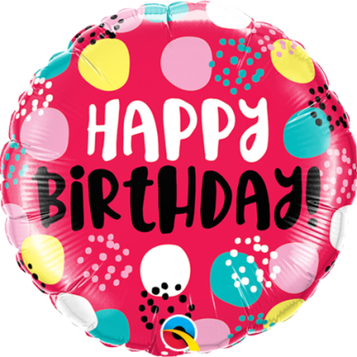 Birthday Dots Red 9 inch (23 cm) Foil Balloon Q58450 - I - Inflated, On Cup & Stick