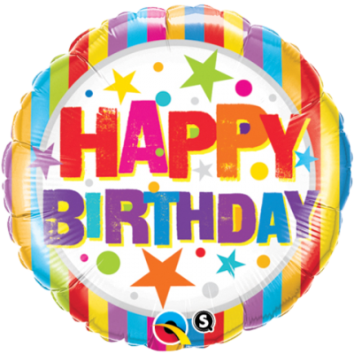 Birthday Stripes & Stars 9 inch (23 cm) Foil Balloon Q58401 - I - Inflated, On Cup & Stick