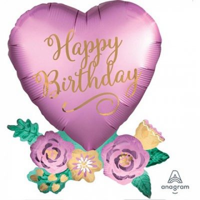 Happy Birthday Satin Heart With Flowers SuperShape Foil Balloon ANA39059